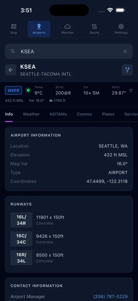 Airport detail page with runways, frequencies and current weather