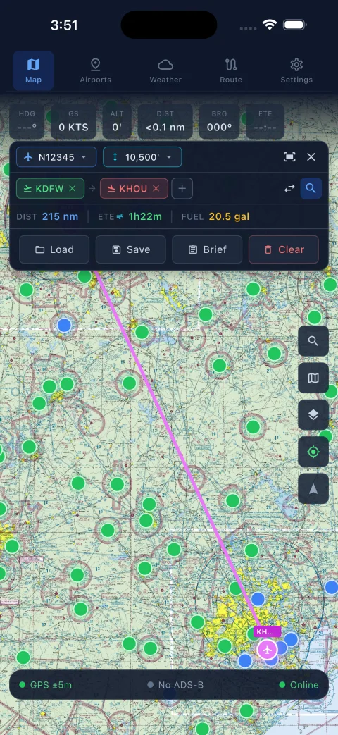 Route planning screen with legs, distances and times