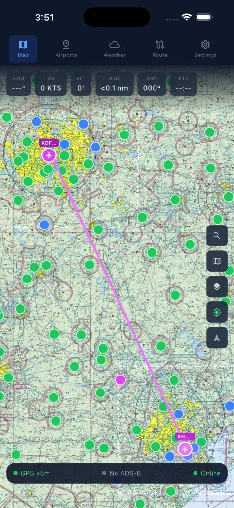 Weather overlay on the map with radar and flight-category colors