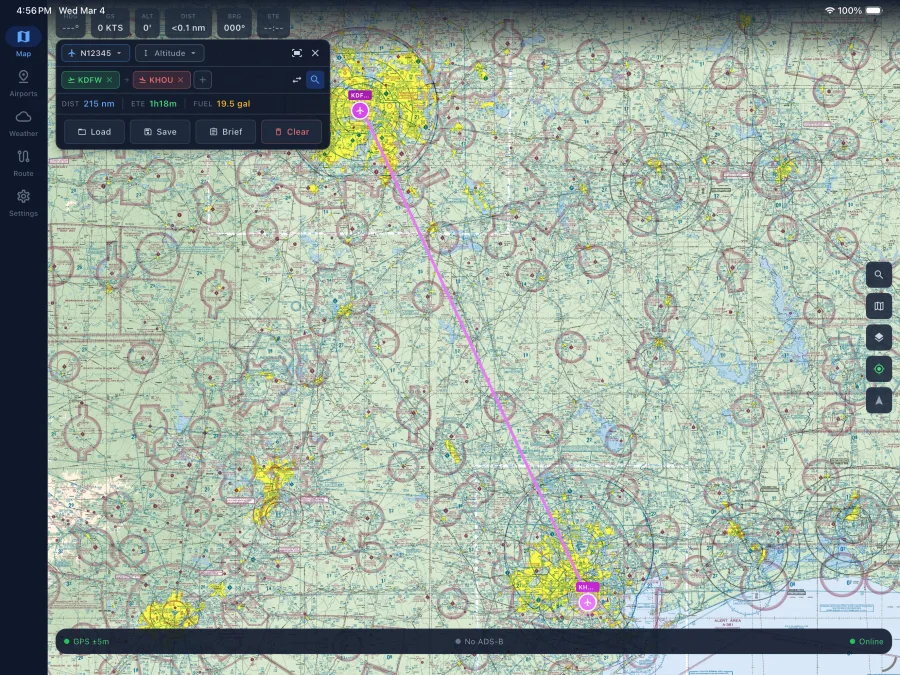 Route planning on an iPad, with the route drawn on the chart beside the nav log